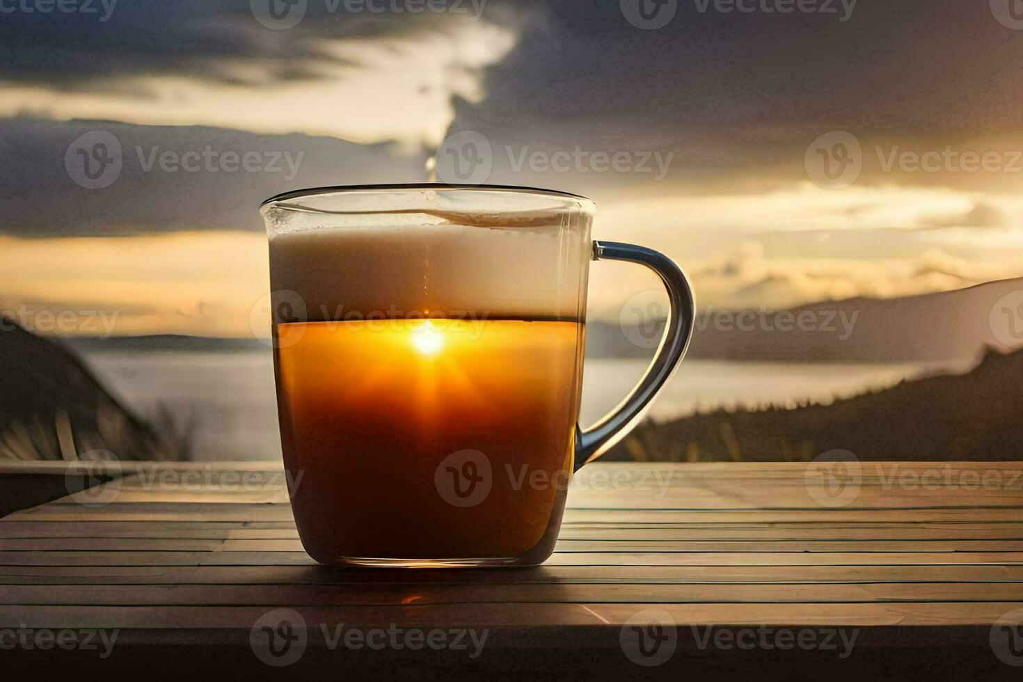 une verre de Bière sur une en bois table avec le Soleil réglage derrière il. généré par ai photo