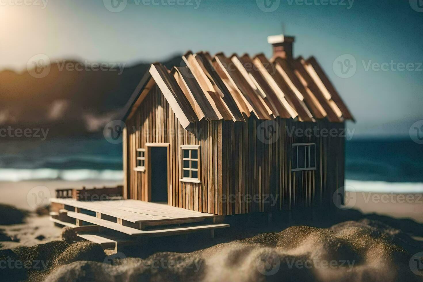 une petit en bois maison sur le plage avec le océan dans le Contexte. généré par ai photo