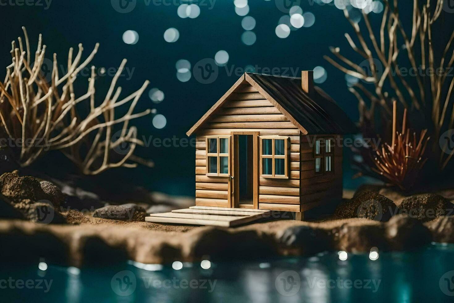 une miniature maison sur une petit île dans le l'eau. généré par ai photo