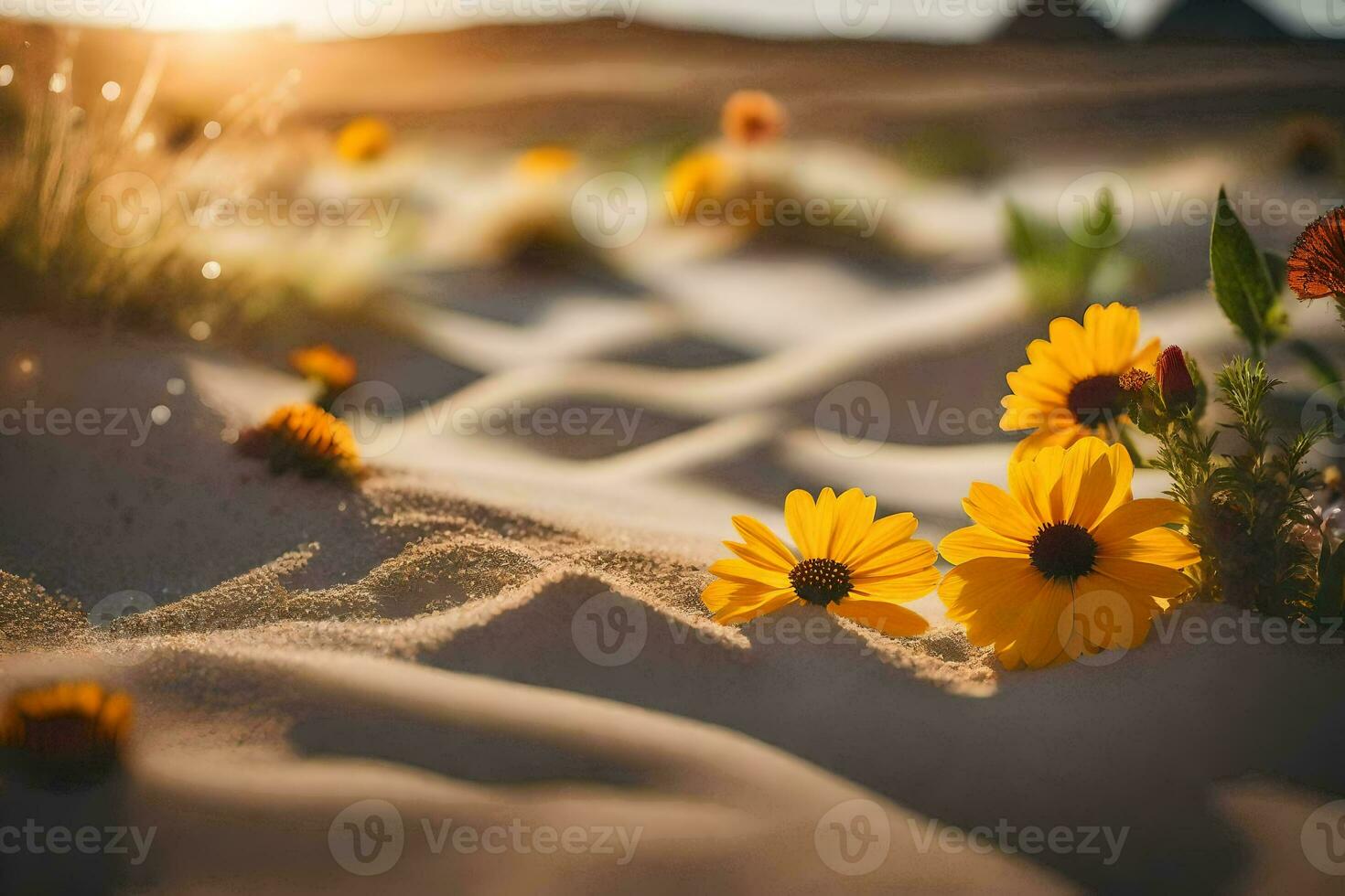 photo fond d'écran sable, fleurs, le désert, le soleil, le désert, fleurs, le désert. généré par ai