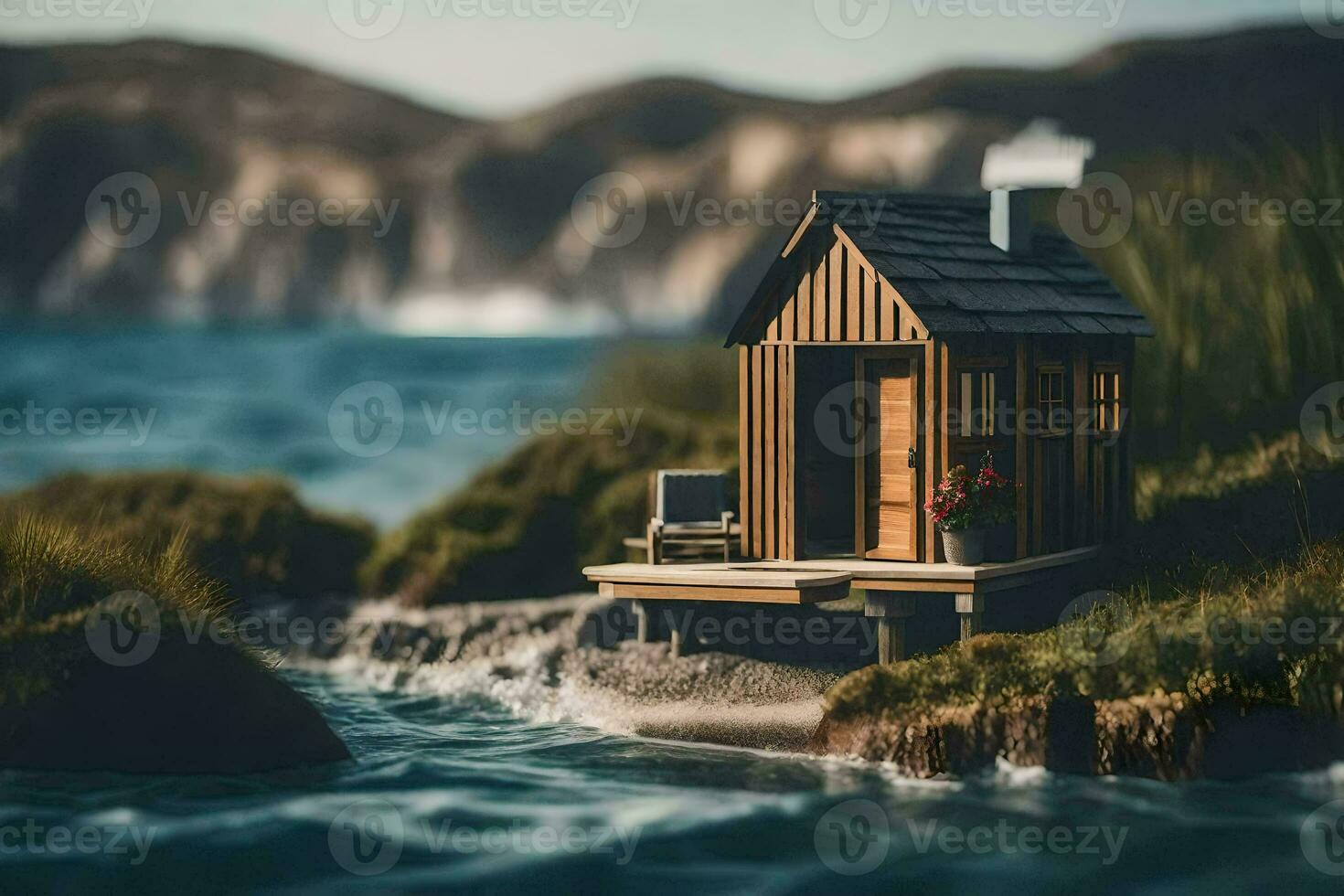 une minuscule maison sur le bord de le l'eau. généré par ai photo