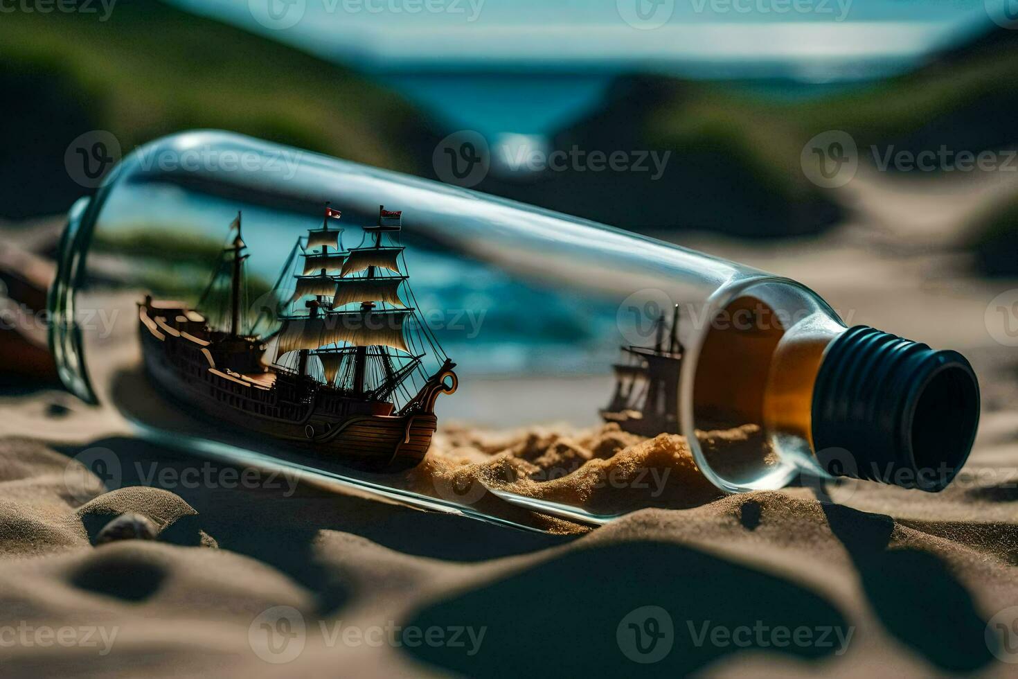 photo fond d'écran sable, le plage, sable, bateau, bouteille, sable, sable, bateau,. généré par ai