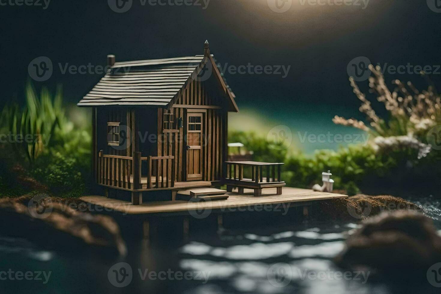 une miniature maison sur une petit île dans le l'eau. généré par ai photo