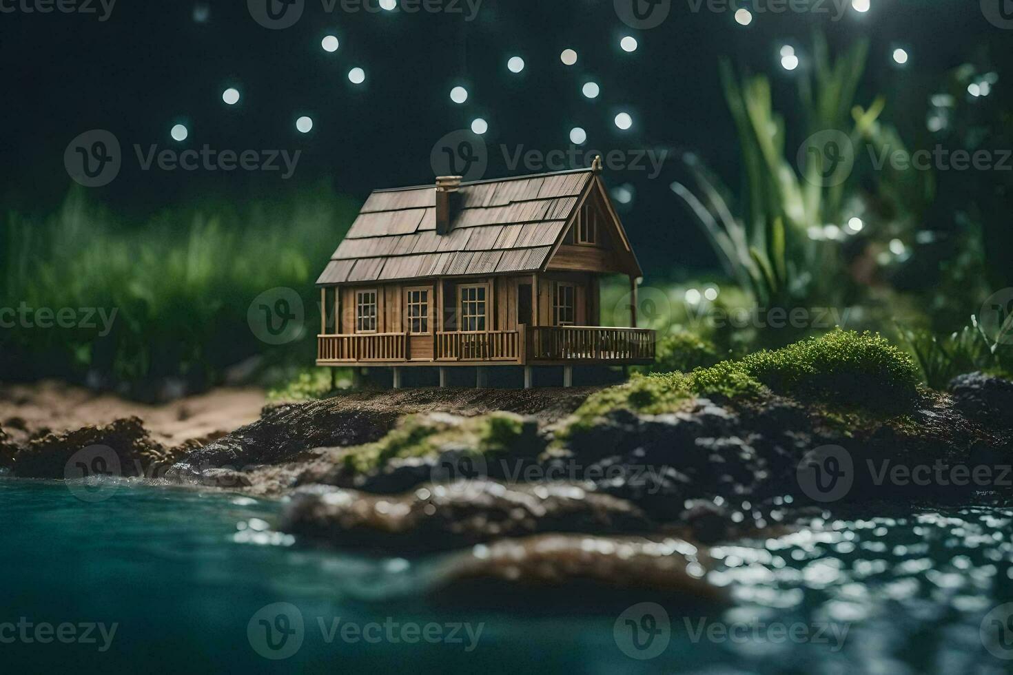 une miniature maison sur une petit île dans le milieu de le l'eau. généré par ai photo