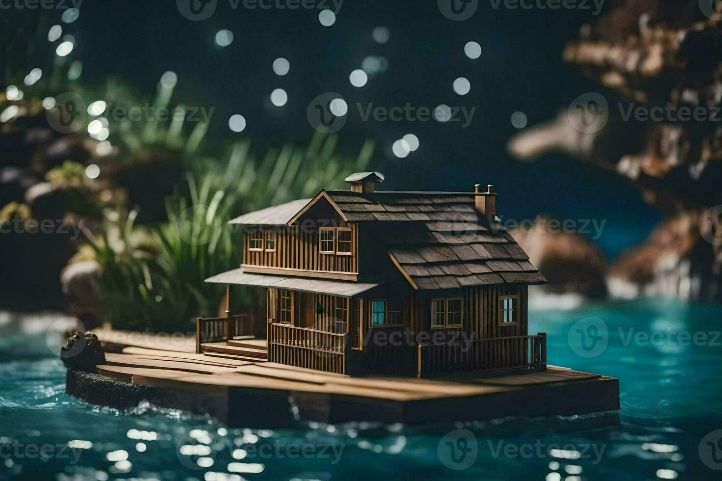 une miniature maison sur une petit île dans le l'eau. généré par ai photo