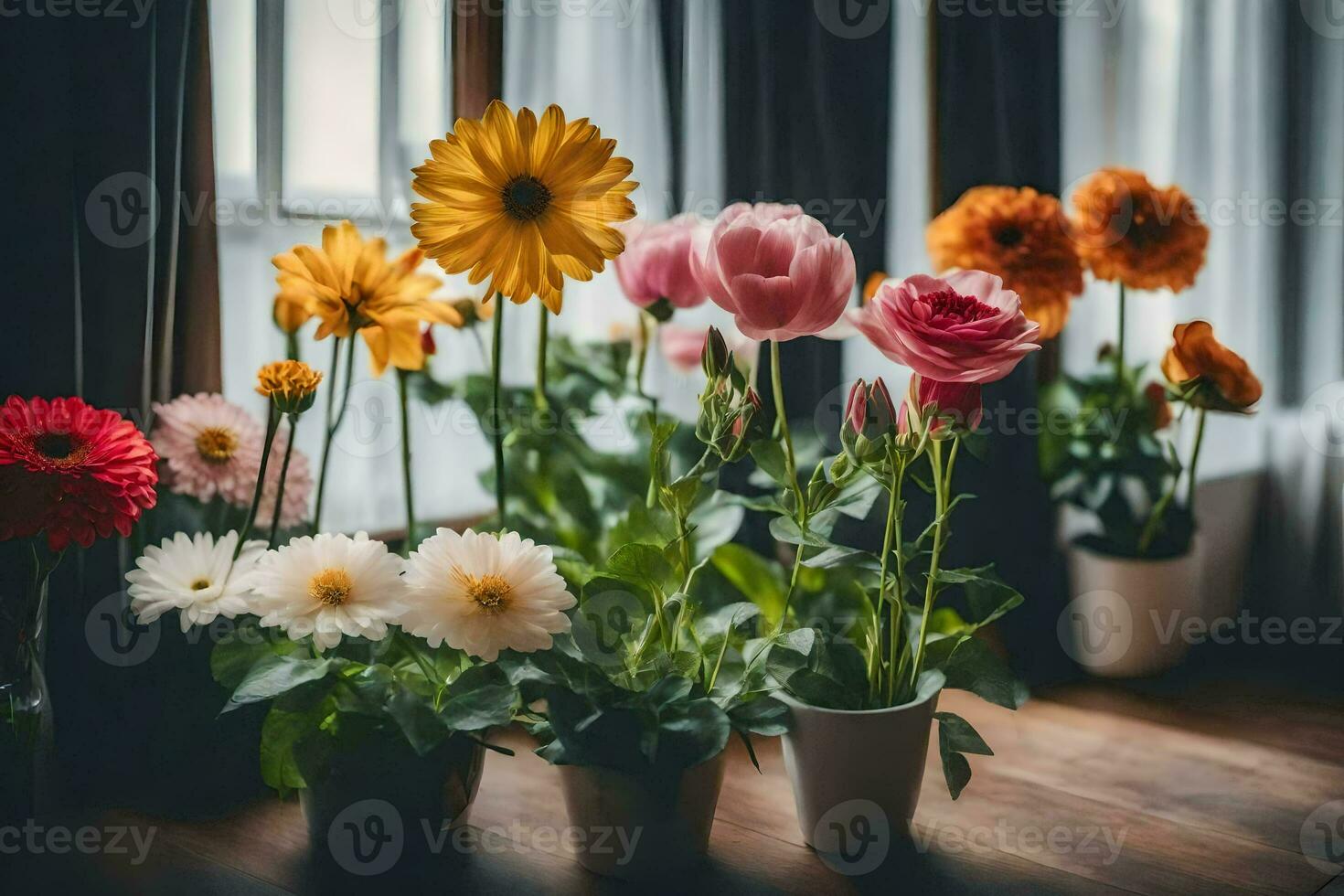 fleurs dans des pots sur une rebord de fenêtre. généré par ai photo