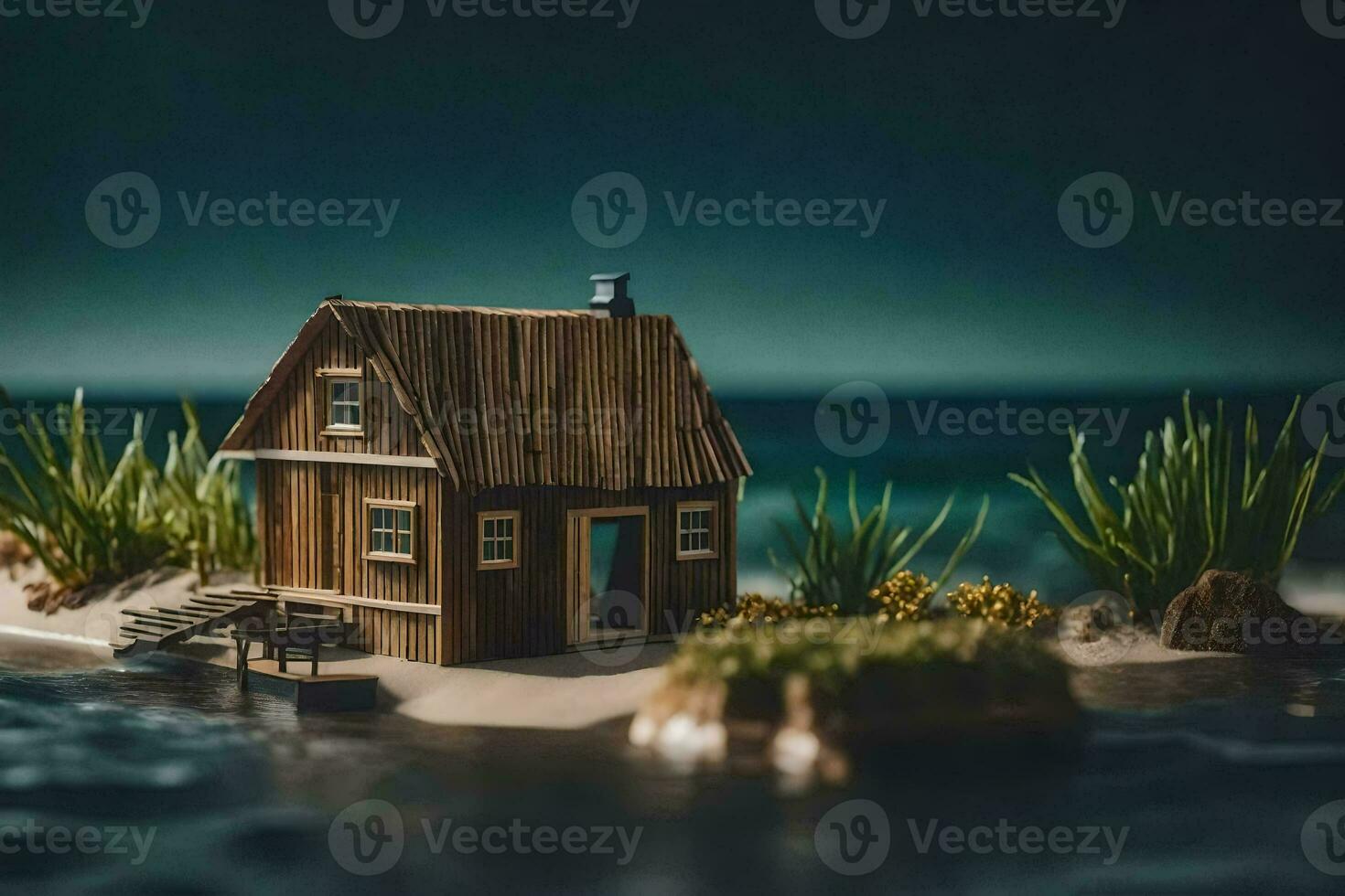 une miniature maison sur une petit île par le océan. généré par ai photo