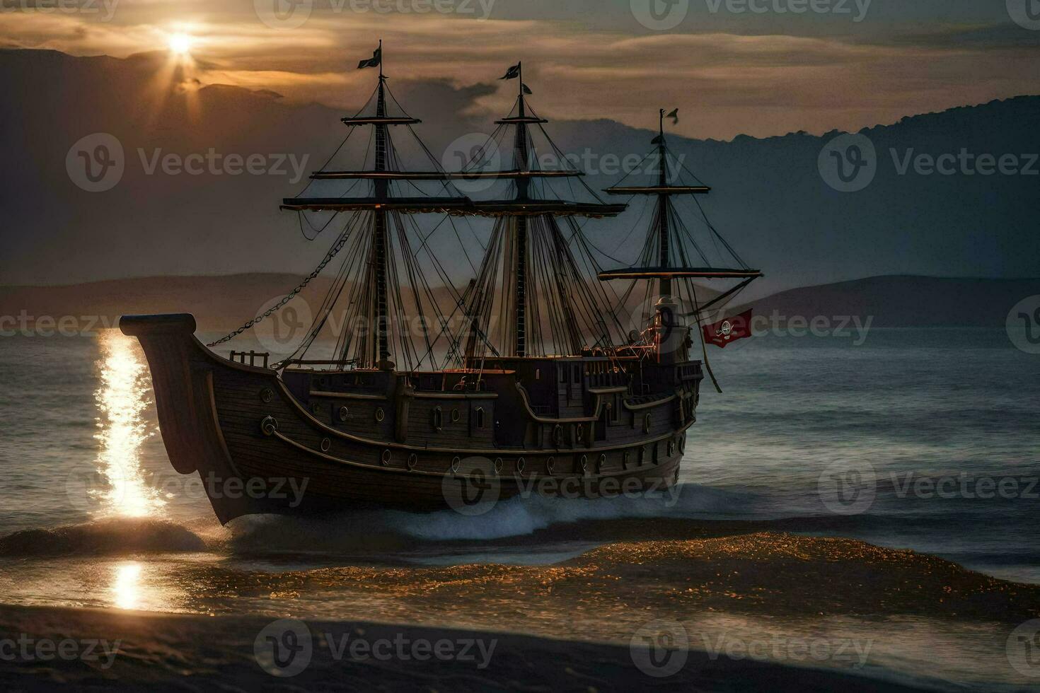 une en bois navire dans le océan à le coucher du soleil. généré par ai photo