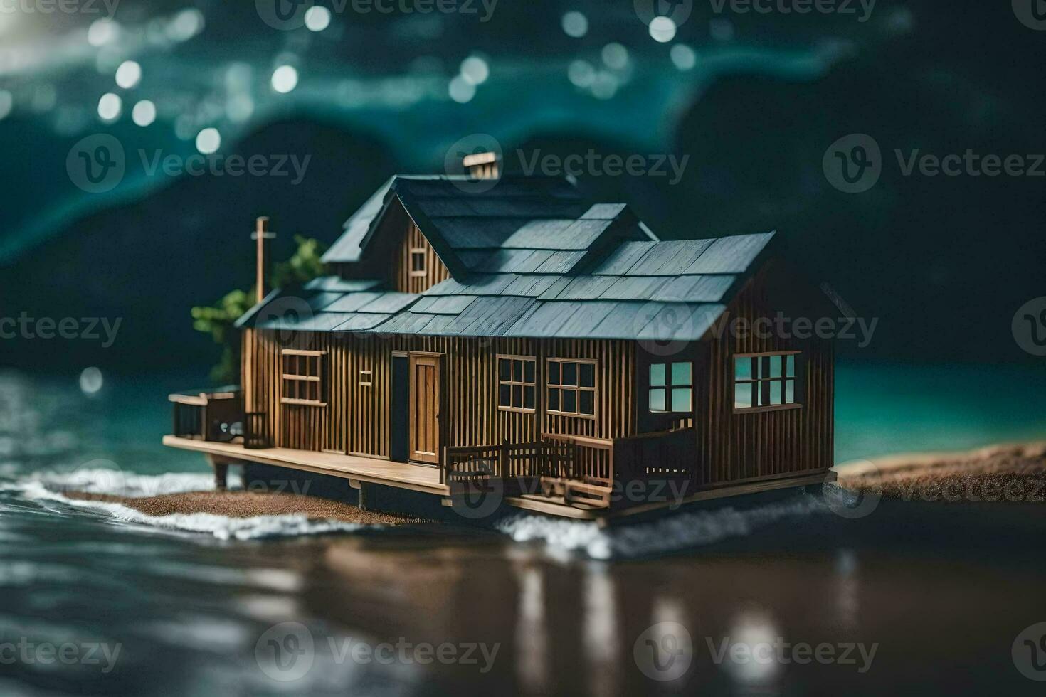 une miniature maison sur le l'eau dans de face de une Montagne. généré par ai photo