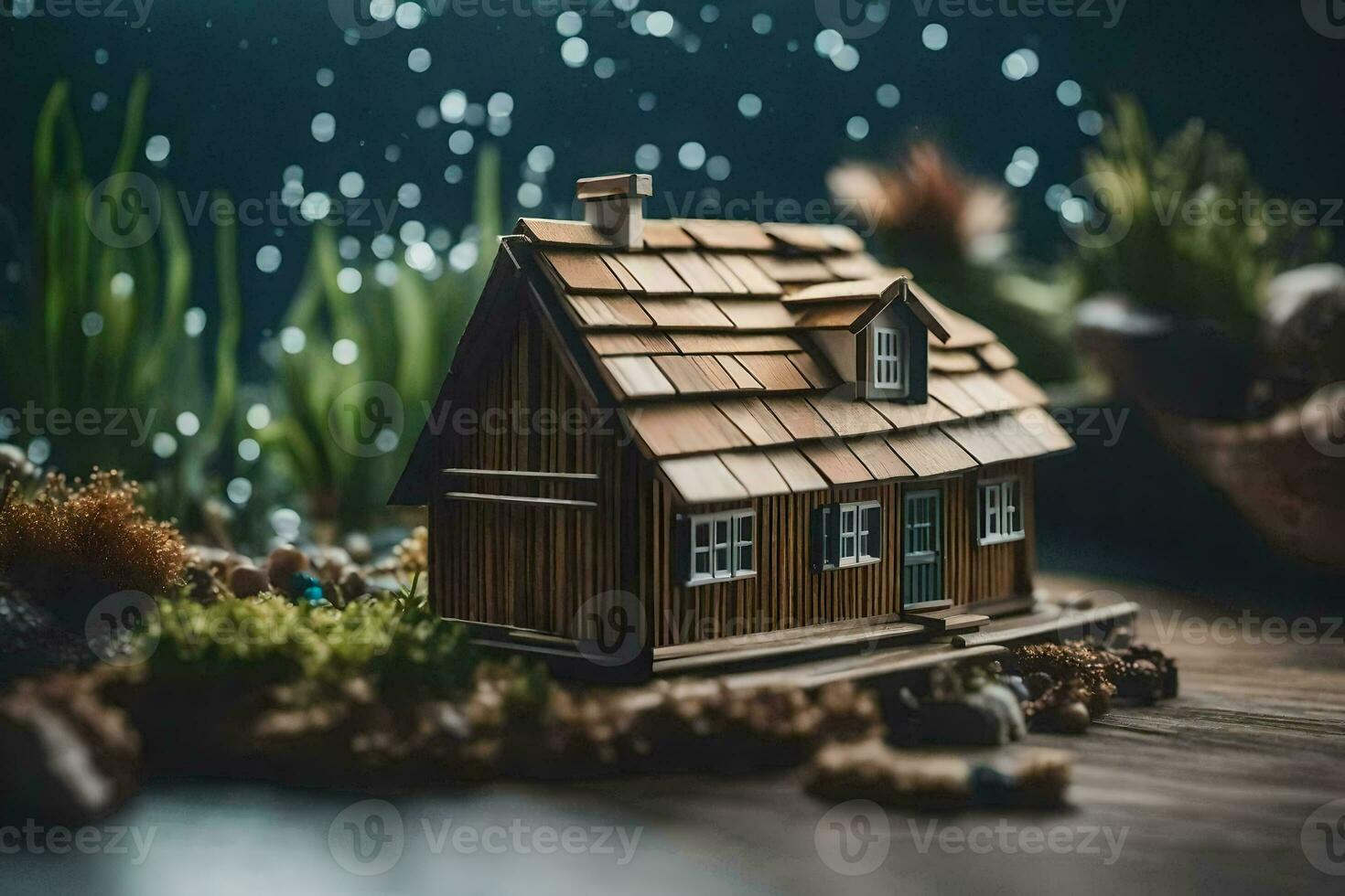 une miniature maison sur une table avec l'eau et les plantes. généré par ai photo