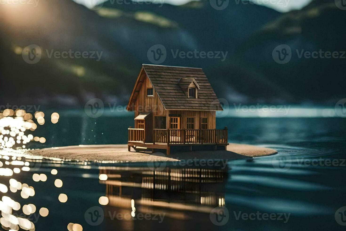 une petit maison sur une petit île dans le milieu de le l'eau. généré par ai photo