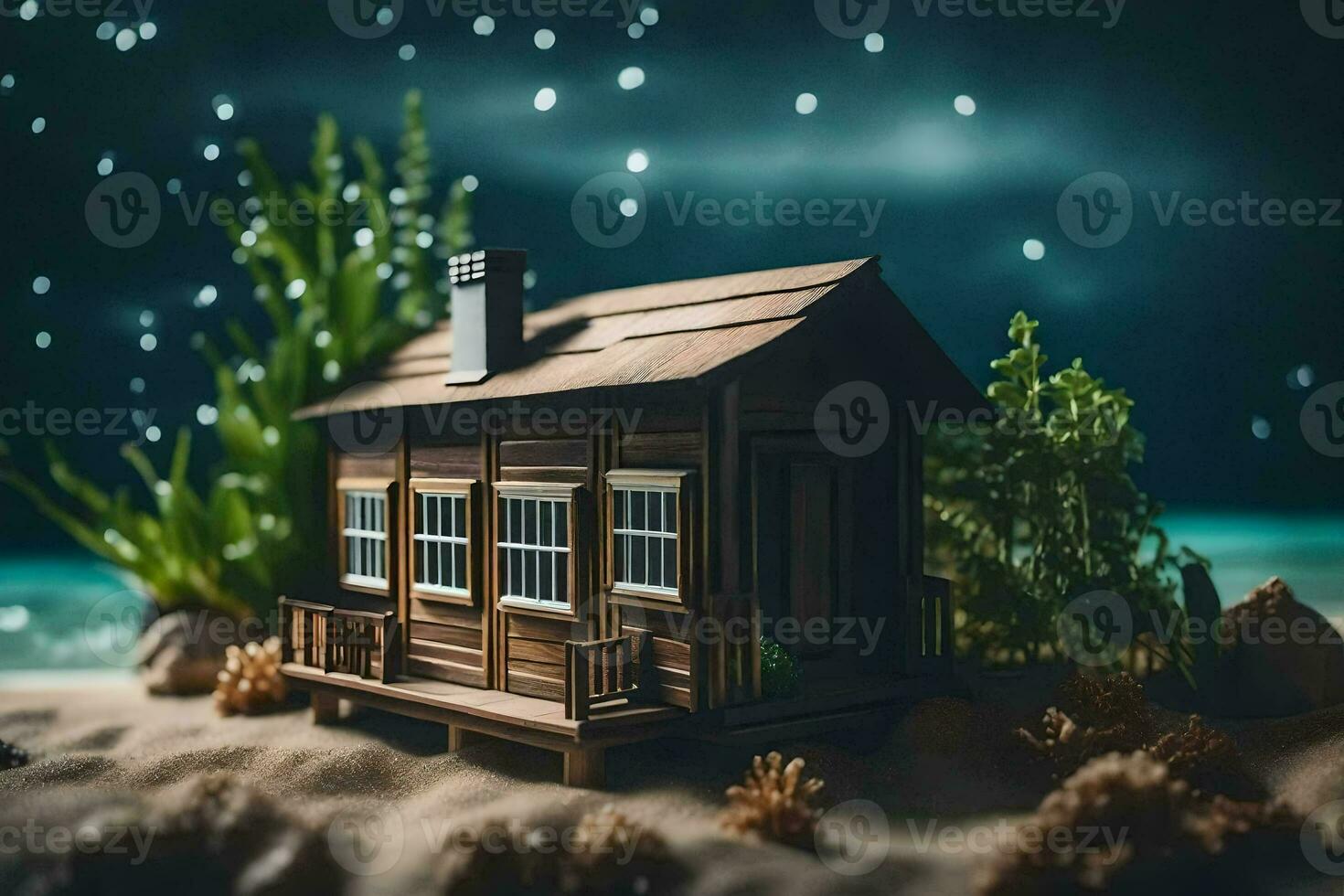 une miniature maison sur le plage à nuit. généré par ai photo