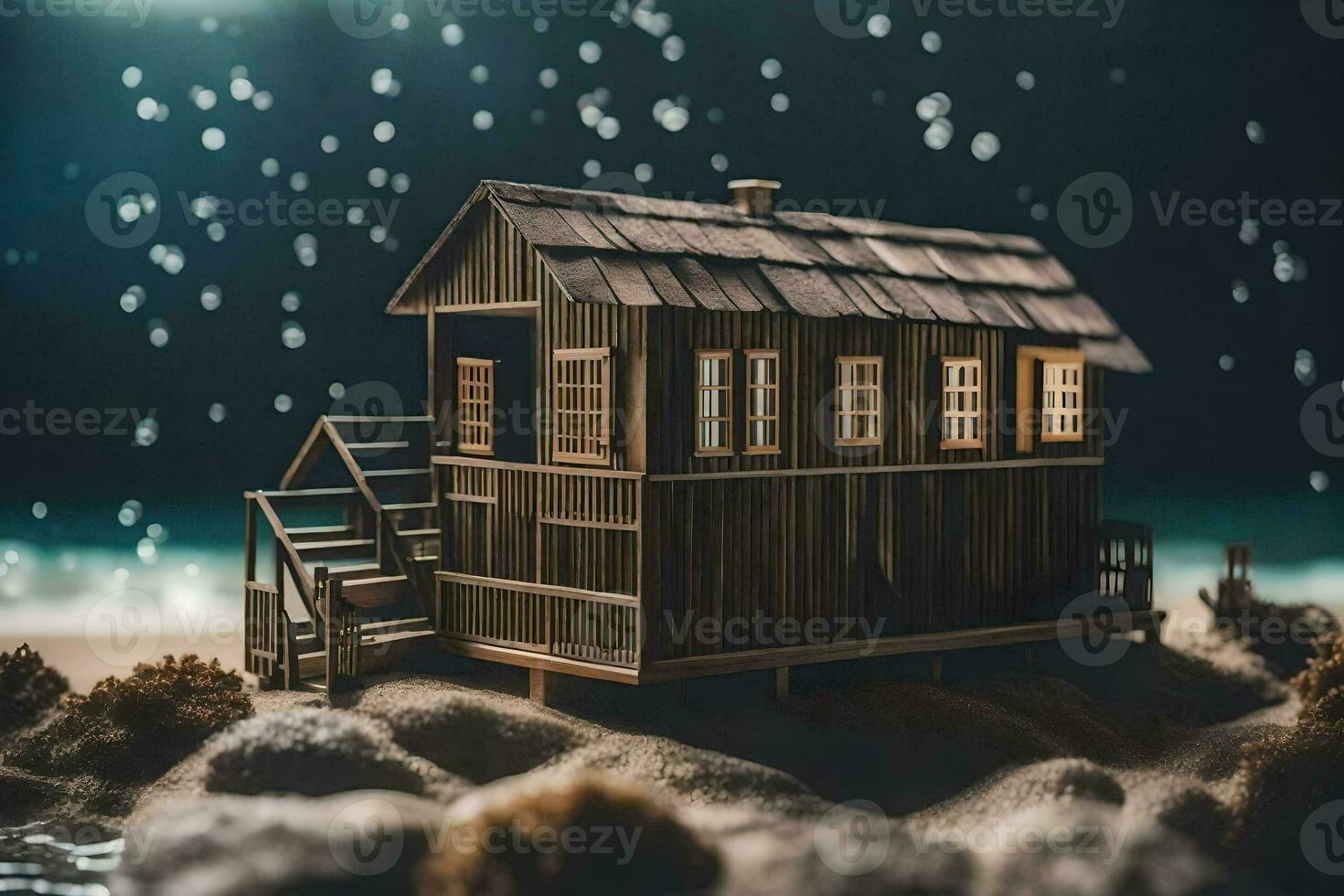 une miniature en bois maison sur le plage à nuit. généré par ai photo