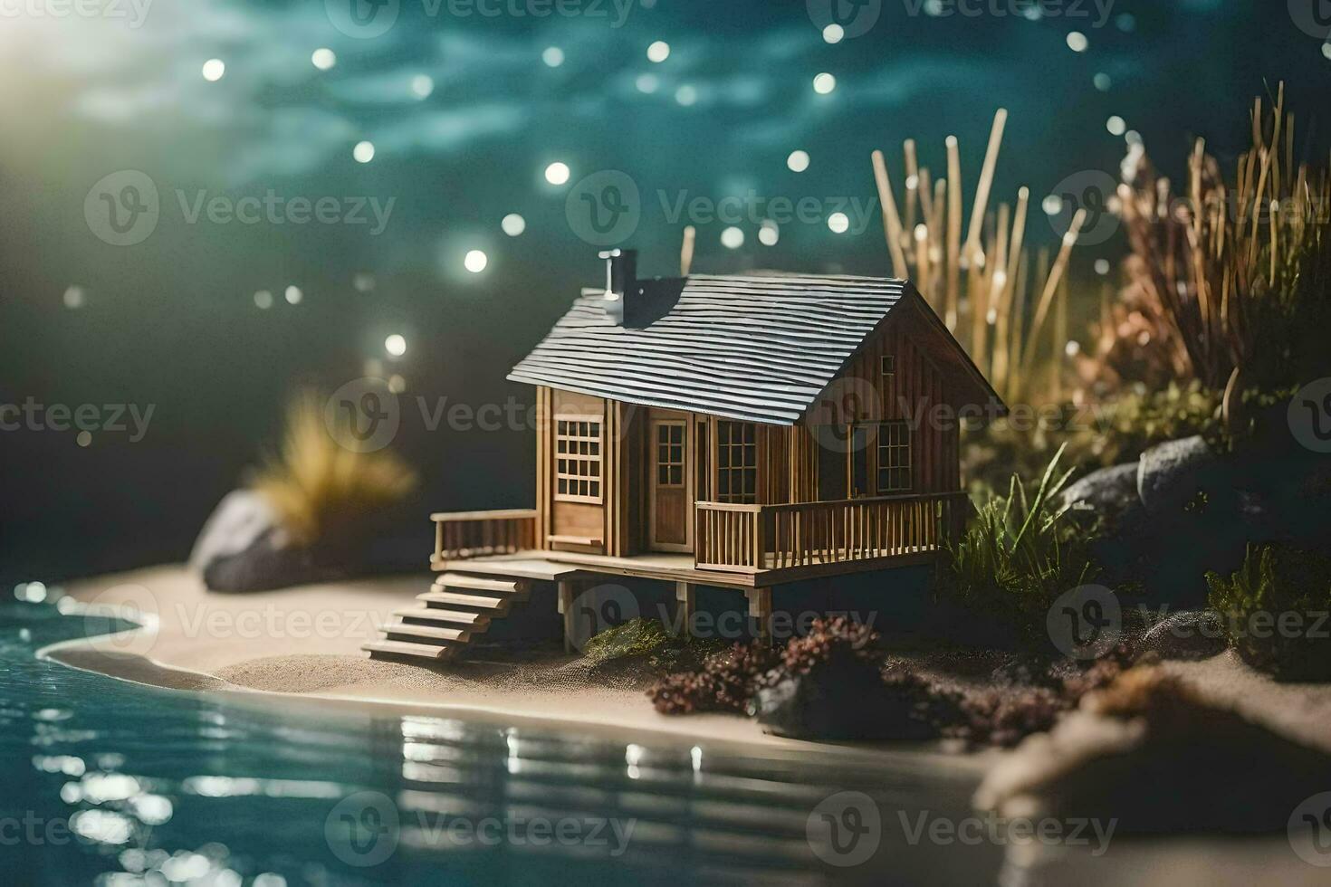 une miniature maison sur le rive de une lac. généré par ai photo