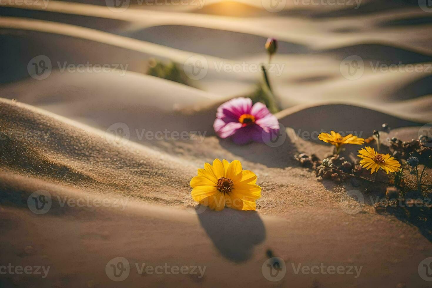 le désert fleurs dans le le coucher du soleil. généré par ai photo