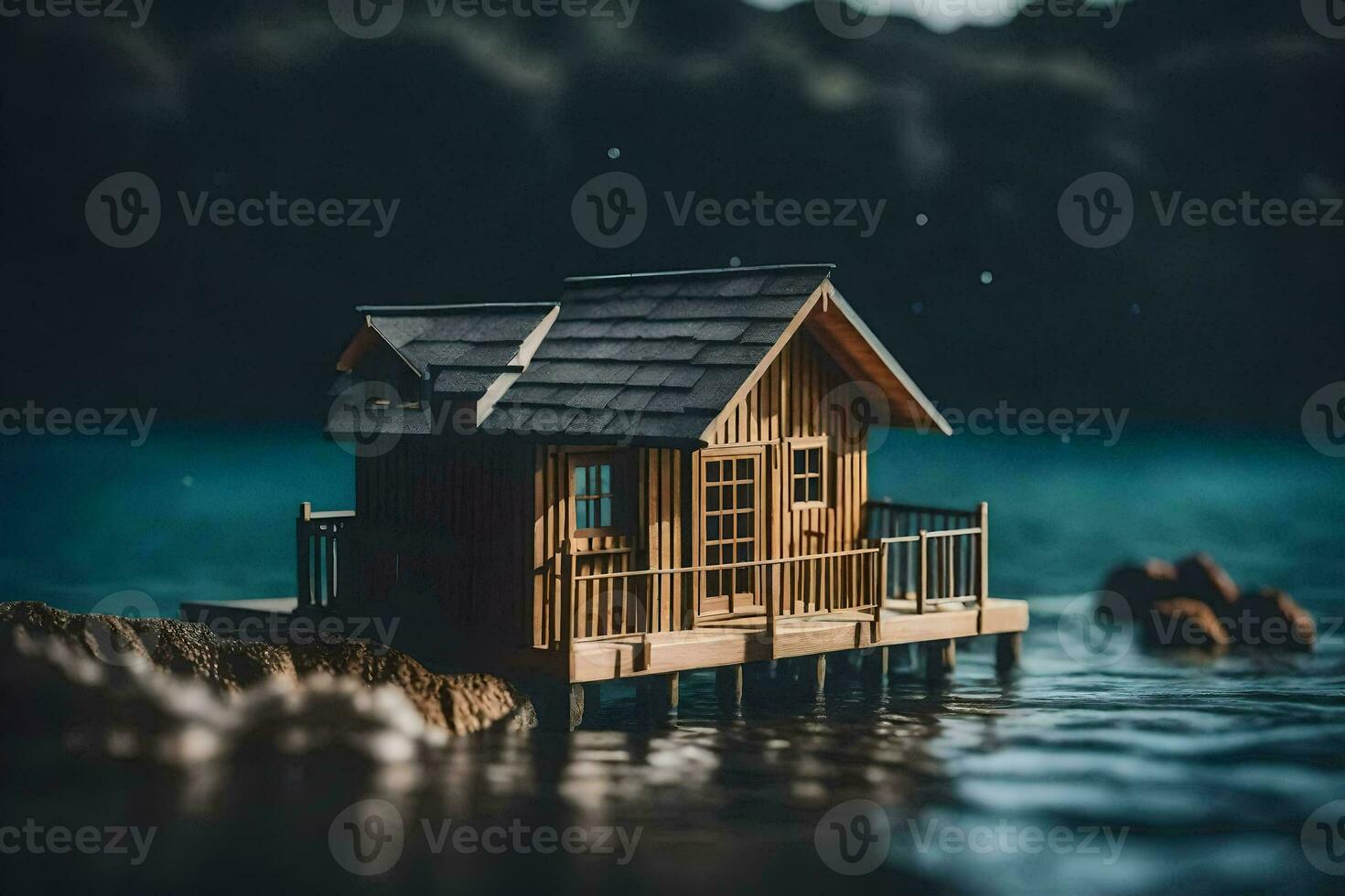 une miniature maison sur une petit île dans le l'eau. généré par ai photo