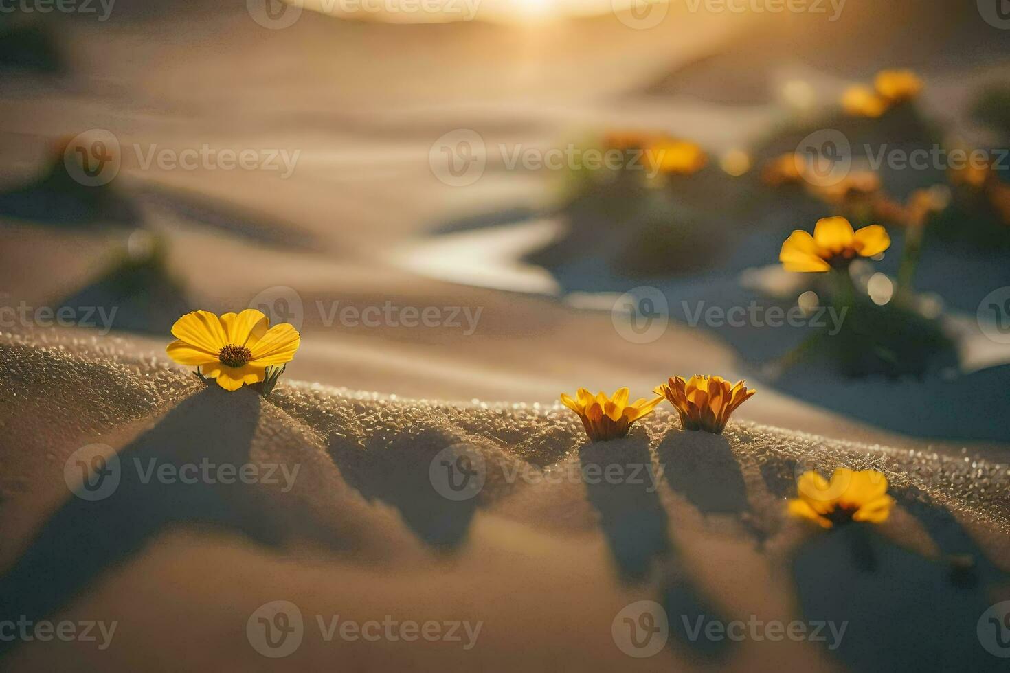 le Soleil est brillant sur le désert fleurs. généré par ai photo