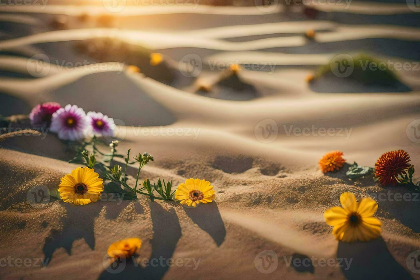 fleurs dans le désert à le coucher du soleil. généré par ai photo