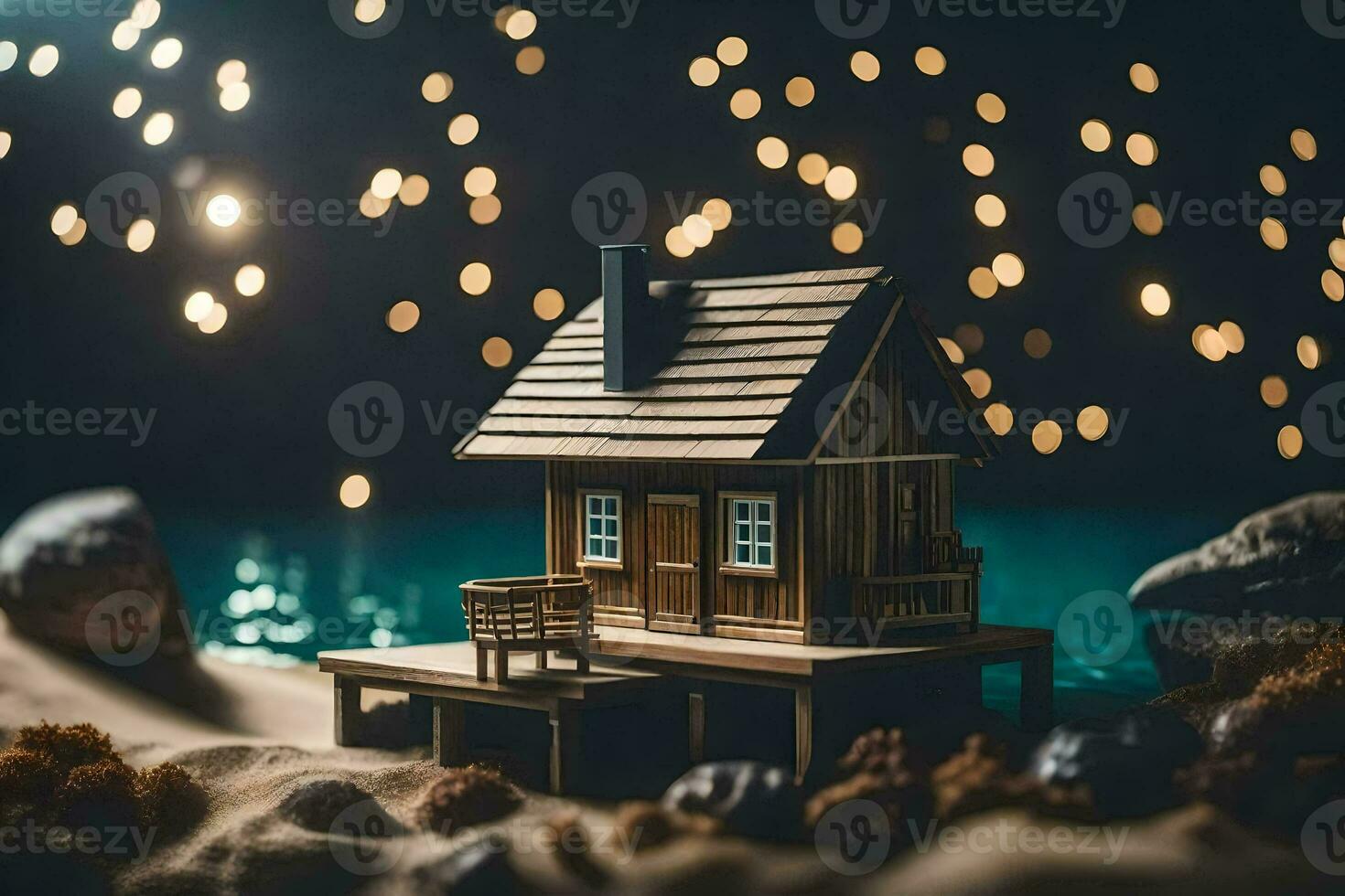 une miniature maison sur le plage avec lumières dans le Contexte. généré par ai photo