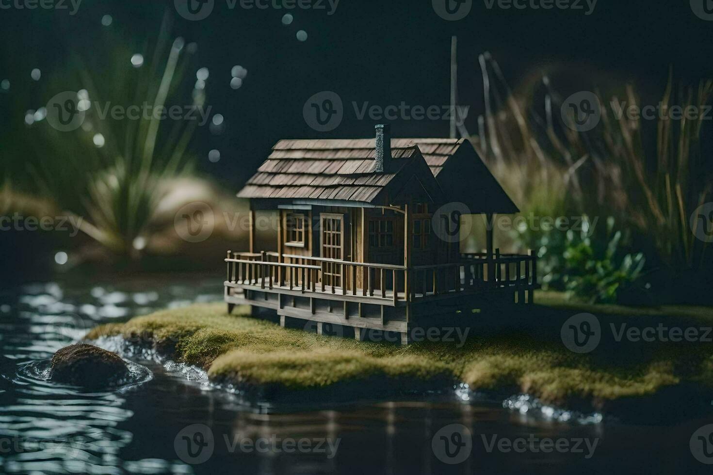 une miniature maison est assis sur une petit île dans le l'eau. généré par ai photo