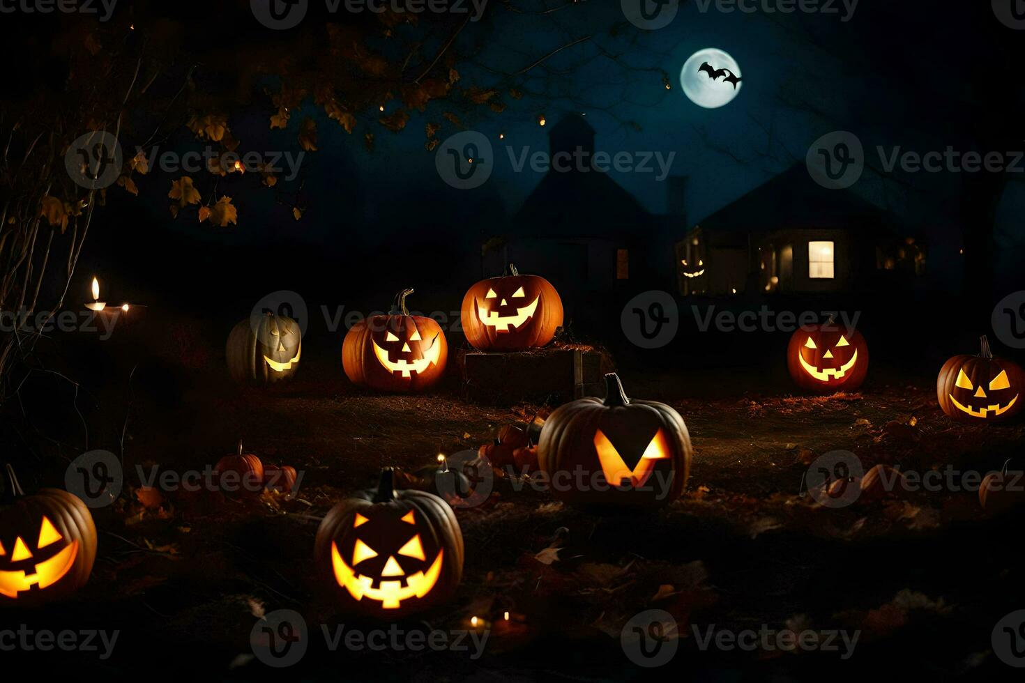 Halloween citrouilles dans le foncé avec une plein lune. généré par ai photo