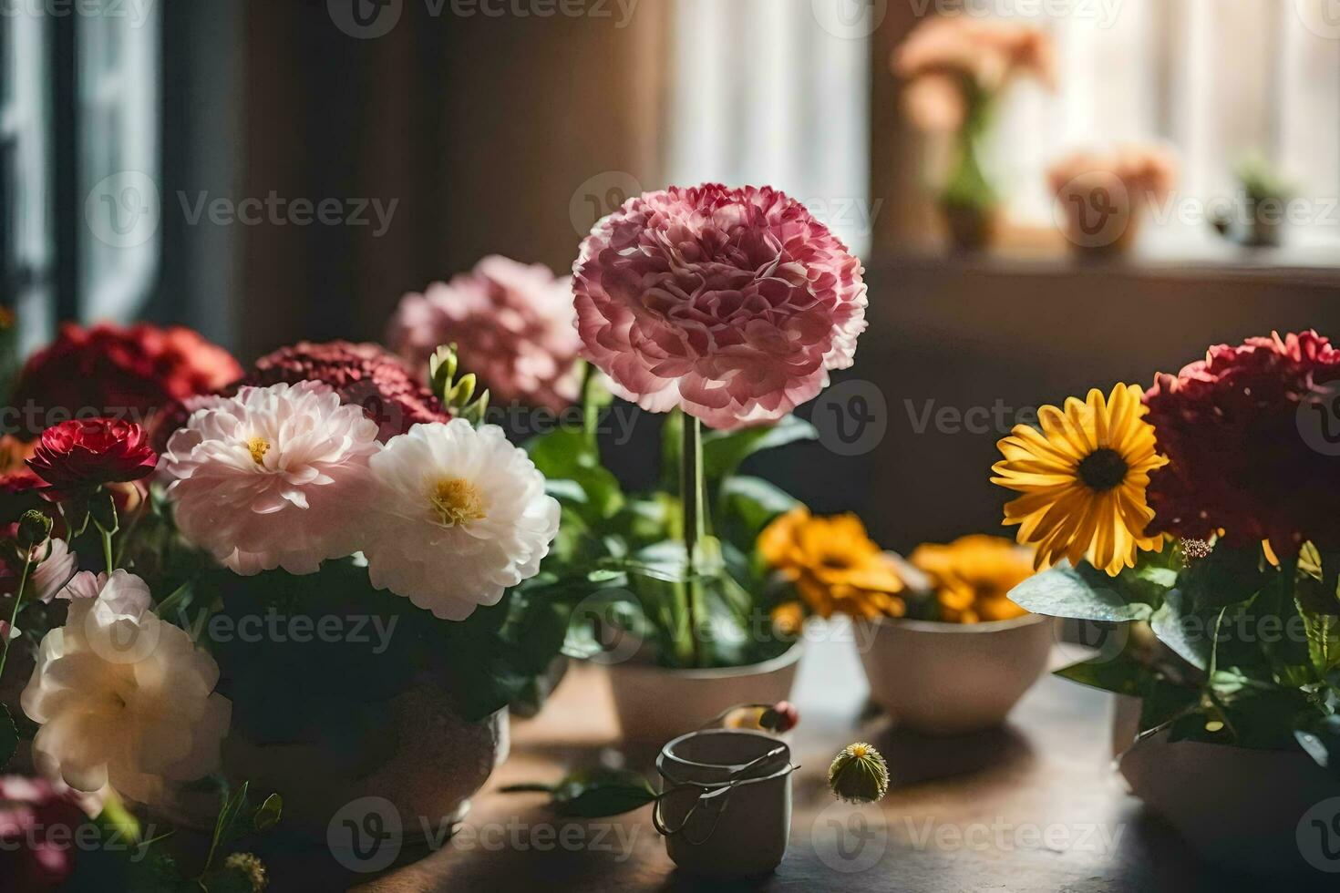 fleurs dans des vases sur une tableau. généré par ai photo