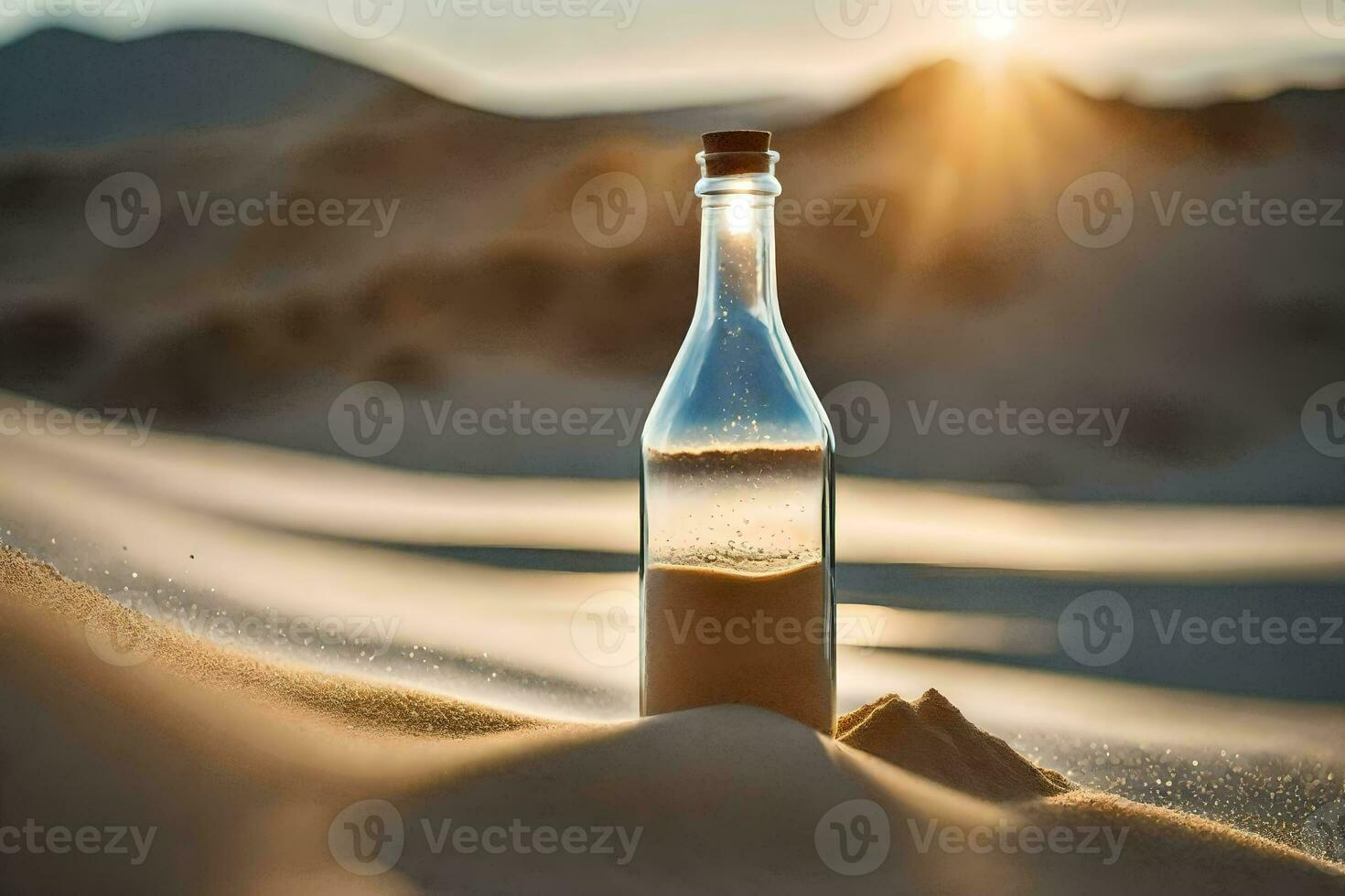 une bouteille de le sable dans le désert avec le Soleil brillant. généré par ai photo