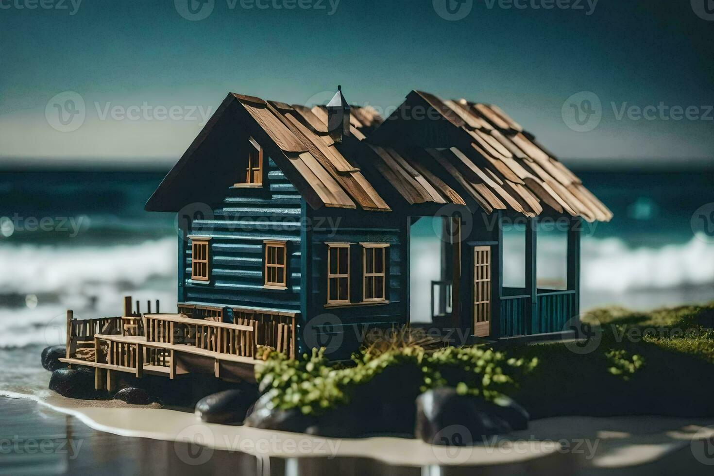 une miniature maison sur le plage par le océan. généré par ai photo