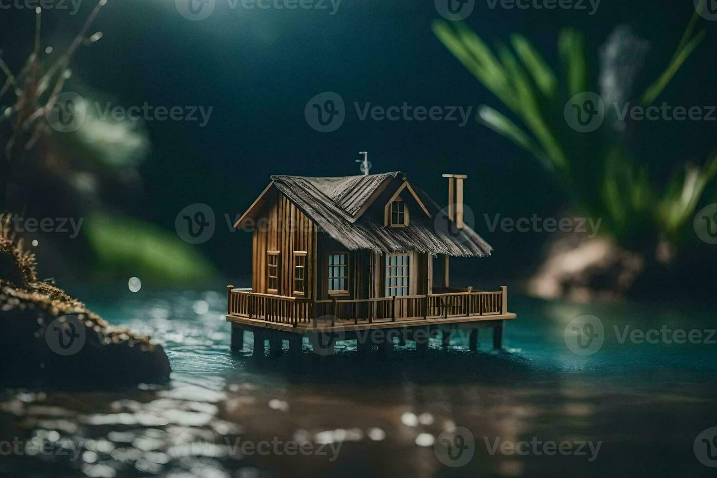 une miniature maison sur une jetée dans le l'eau. généré par ai photo