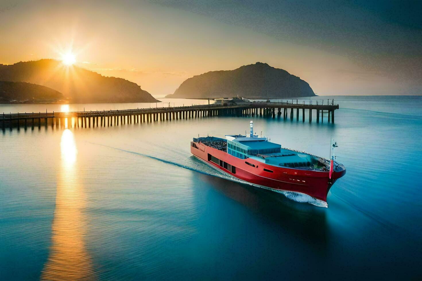 une rouge bateau en voyageant par le l'eau à le coucher du soleil. généré par ai photo