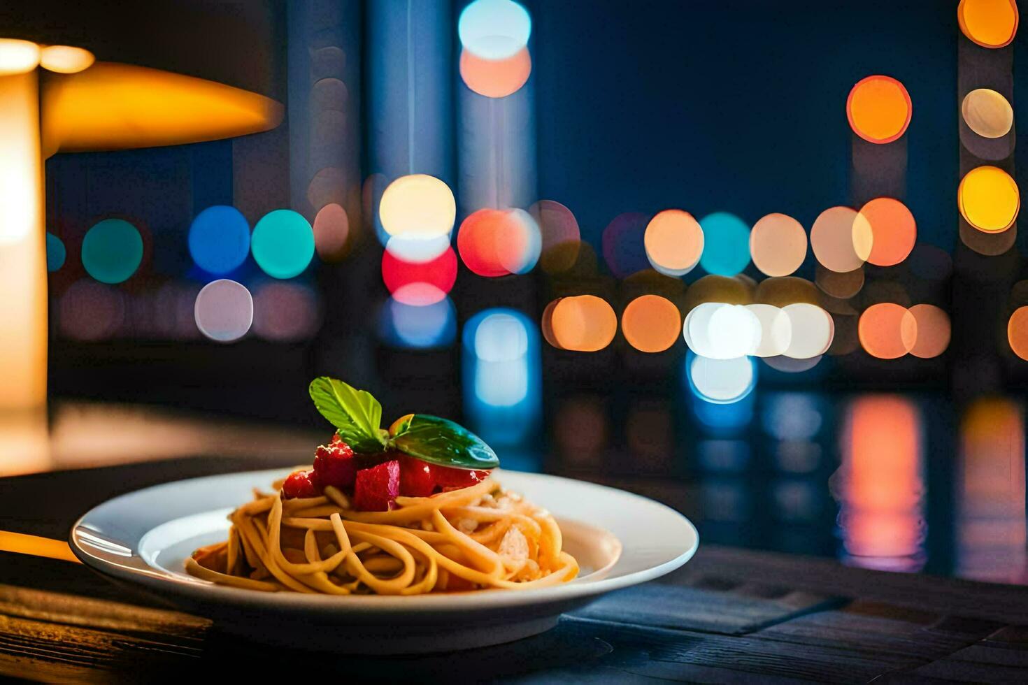 une assiette de spaghetti avec une vue de le ville. généré par ai photo