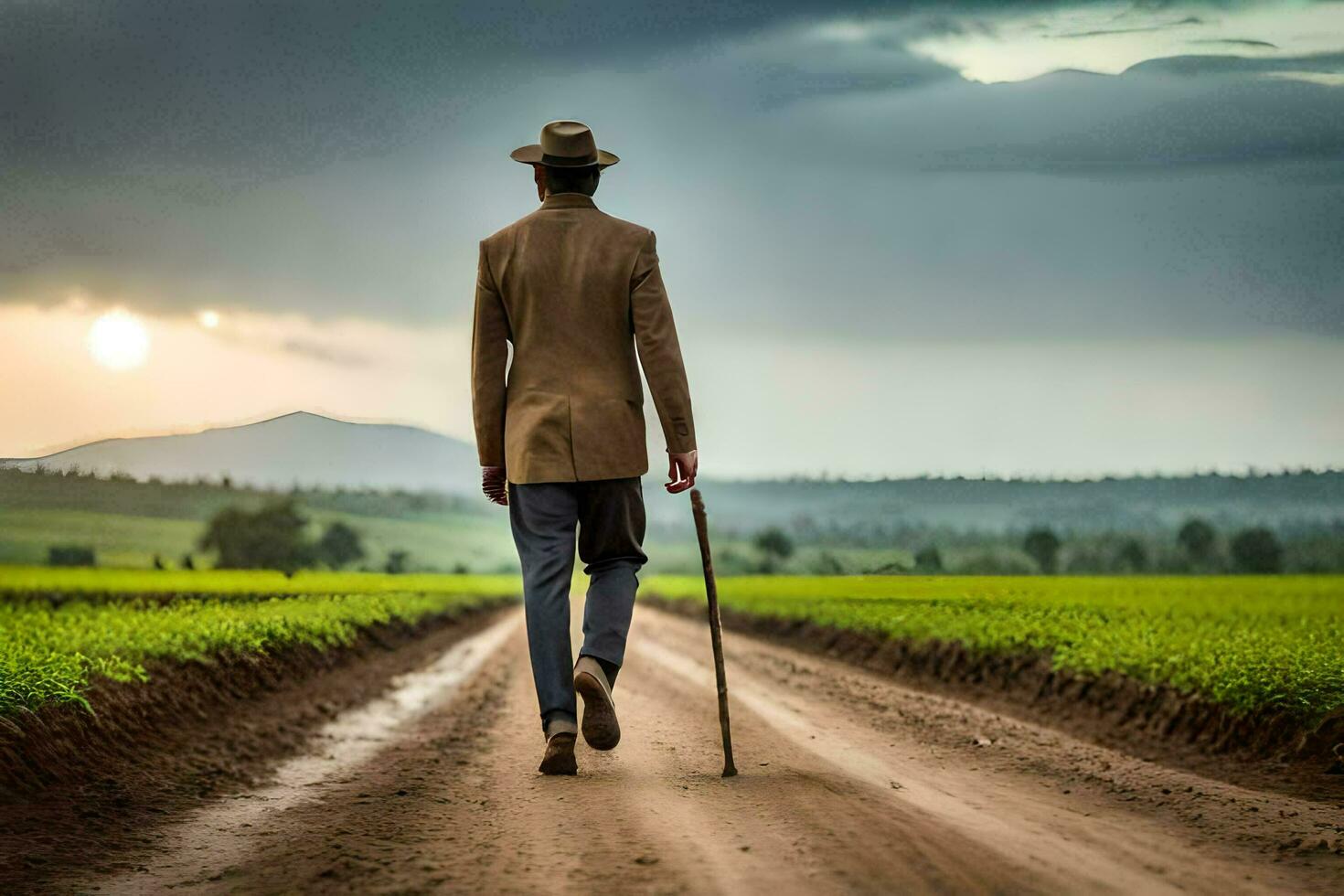 une homme en marchant vers le bas une saleté route avec une canne. généré par ai photo