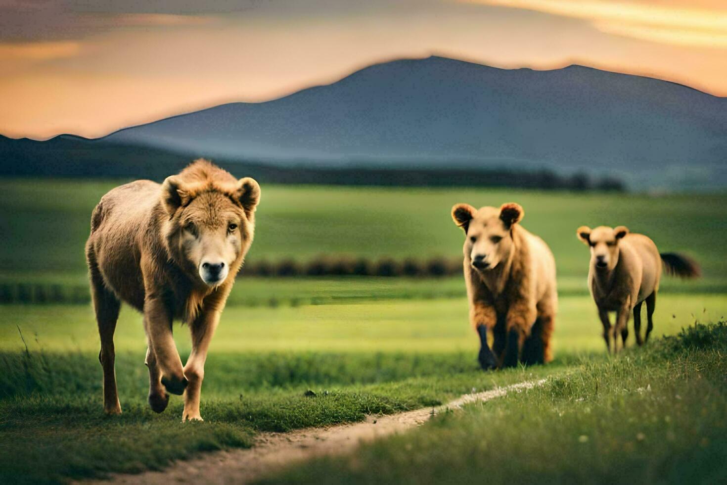 Trois les Lions en marchant dans le herbe. généré par ai photo