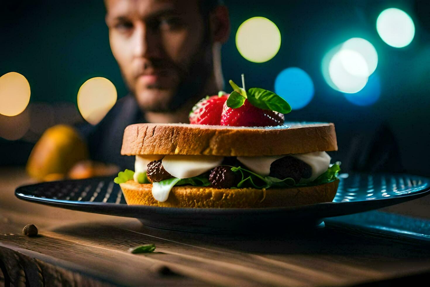 une homme est séance dans de face de une sandwich avec des fraises. généré par ai photo