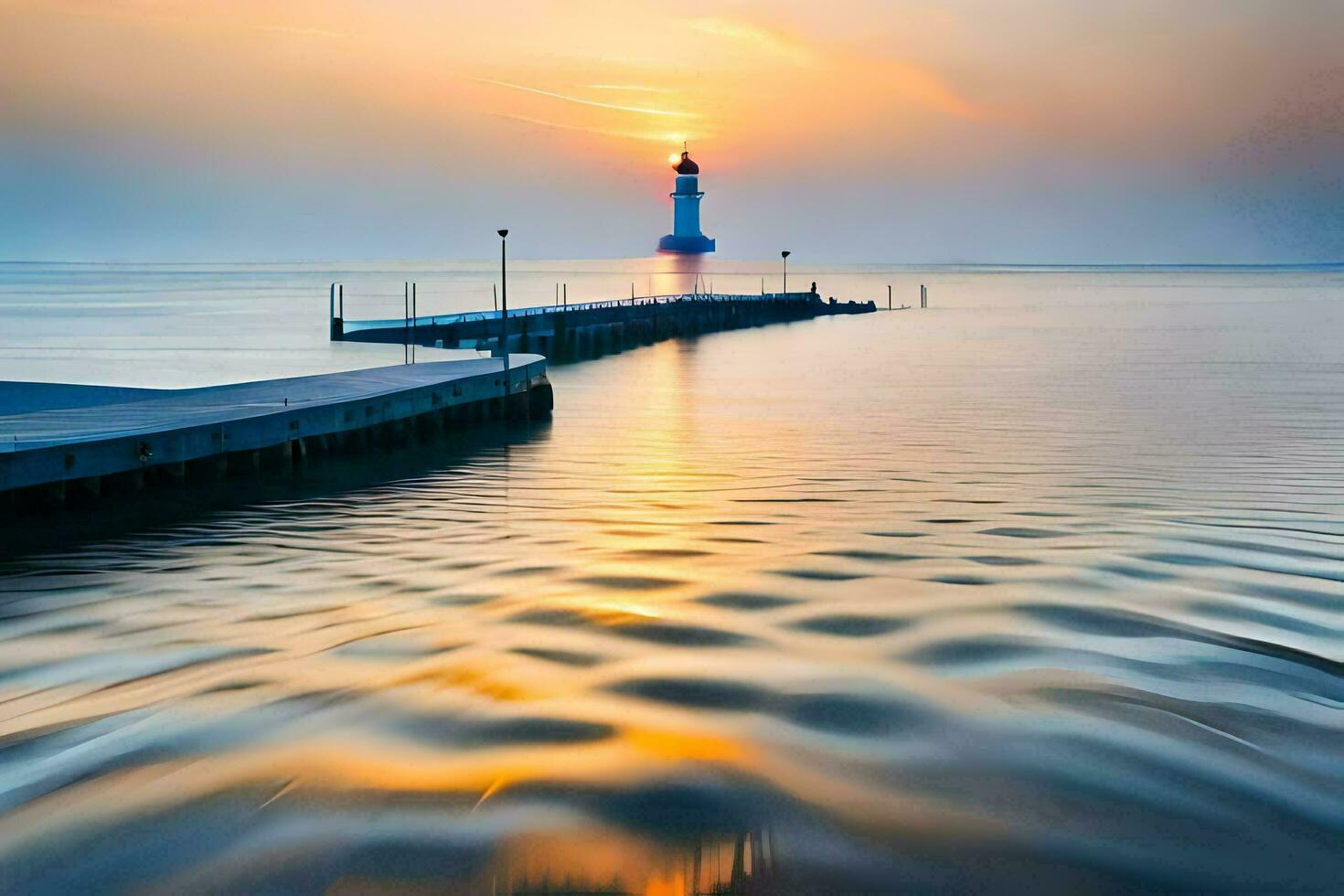 une phare des stands sur le l'eau à le coucher du soleil. généré par ai photo