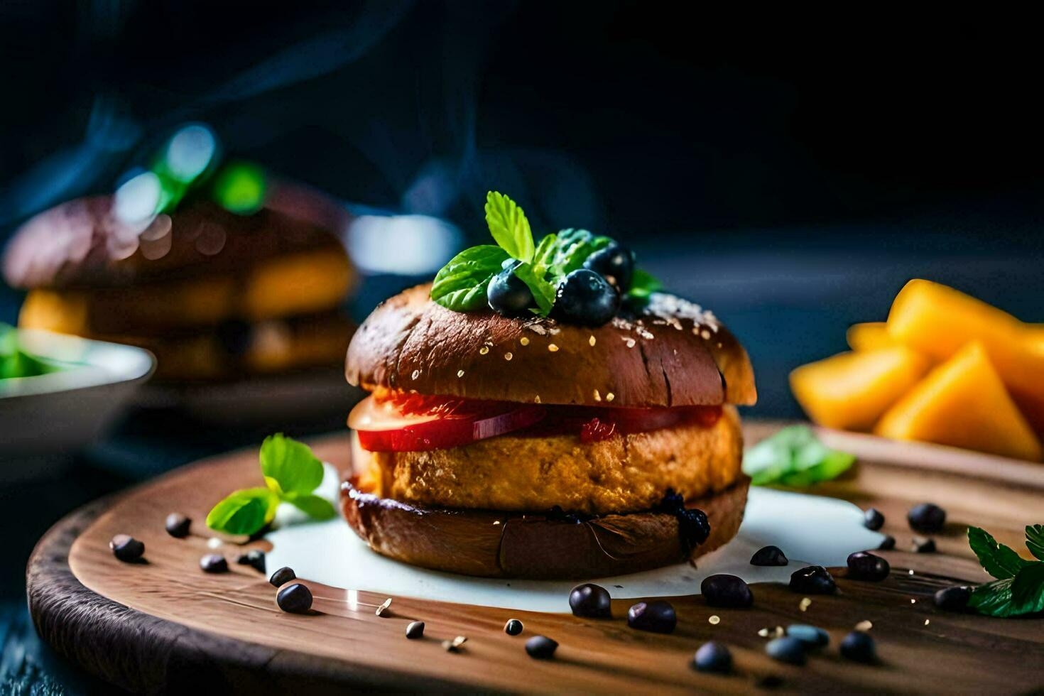 une Hamburger avec fruit et menthe sur une en bois planche. généré par ai photo