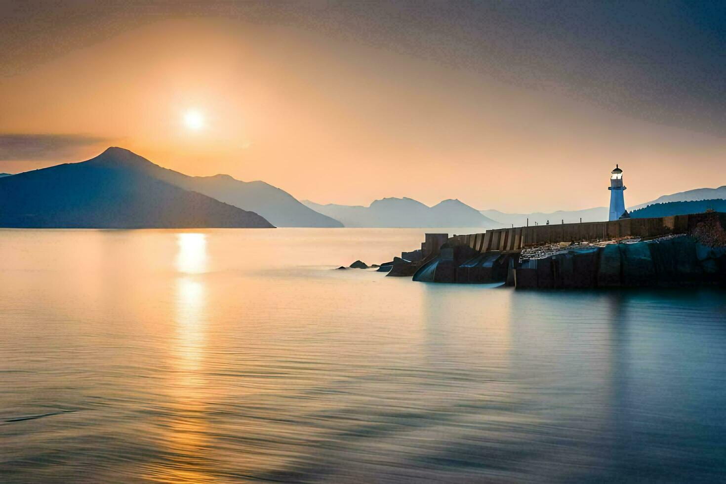 une phare est assis sur le rive de une corps de l'eau. généré par ai photo