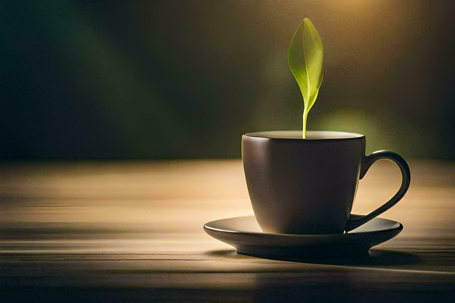 une tasse de café avec une vert plante croissance en dehors de il. généré par ai photo