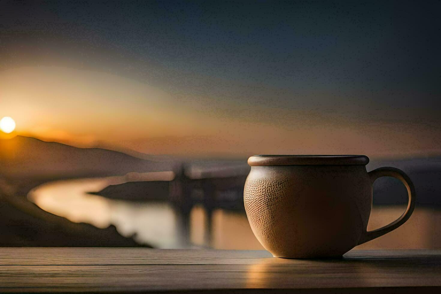 une tasse de café sur une en bois table dans de face de une magnifique le coucher du soleil. généré par ai photo