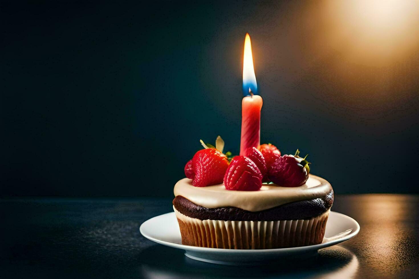 une petit gâteau avec une Célibataire bougie sur Haut. généré par ai photo