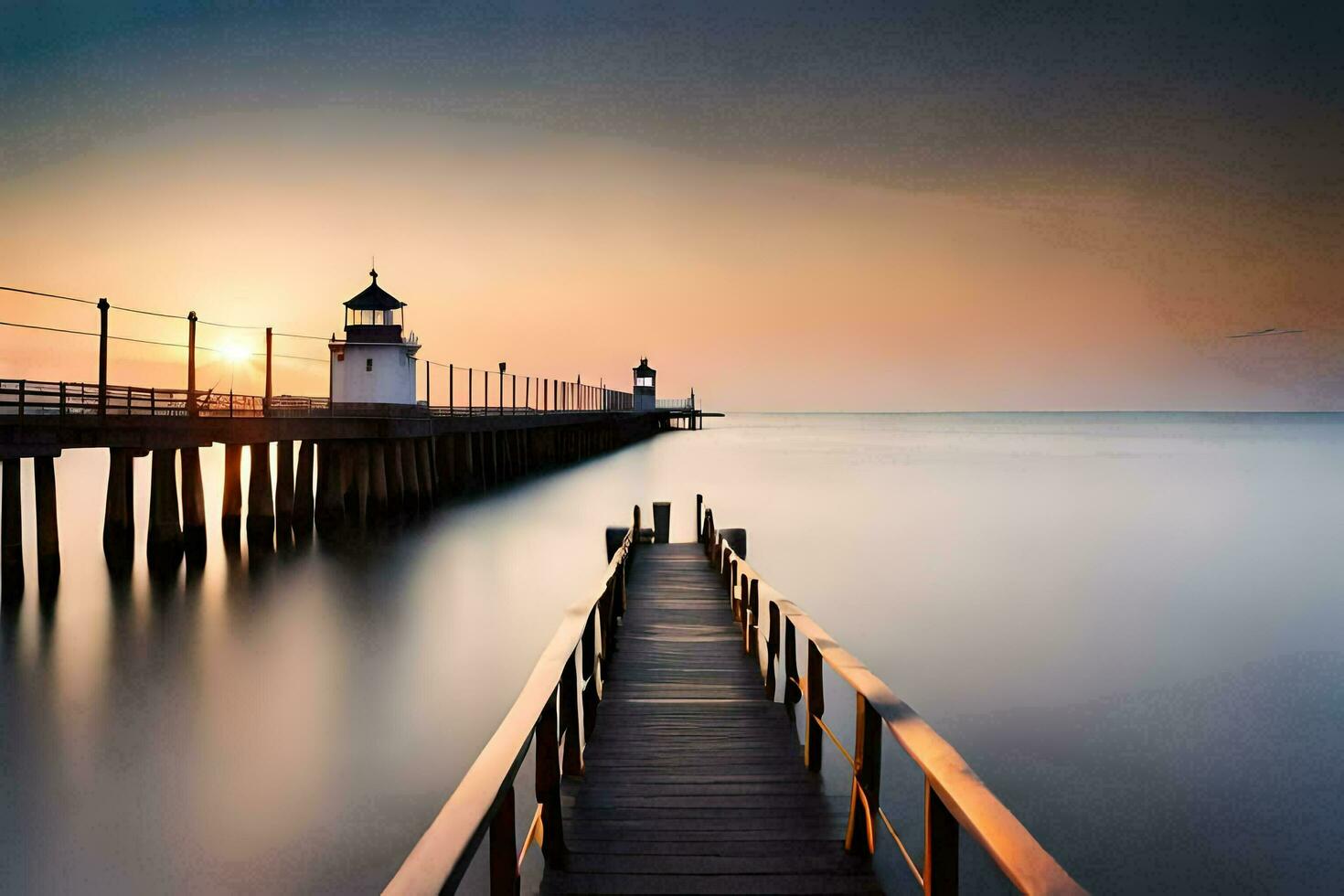 une jetée avec une phare à le coucher du soleil. généré par ai photo