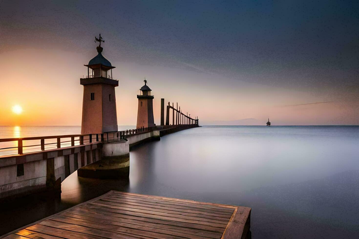 une jetée avec deux lumière des postes et une phare à le coucher du soleil. généré par ai photo