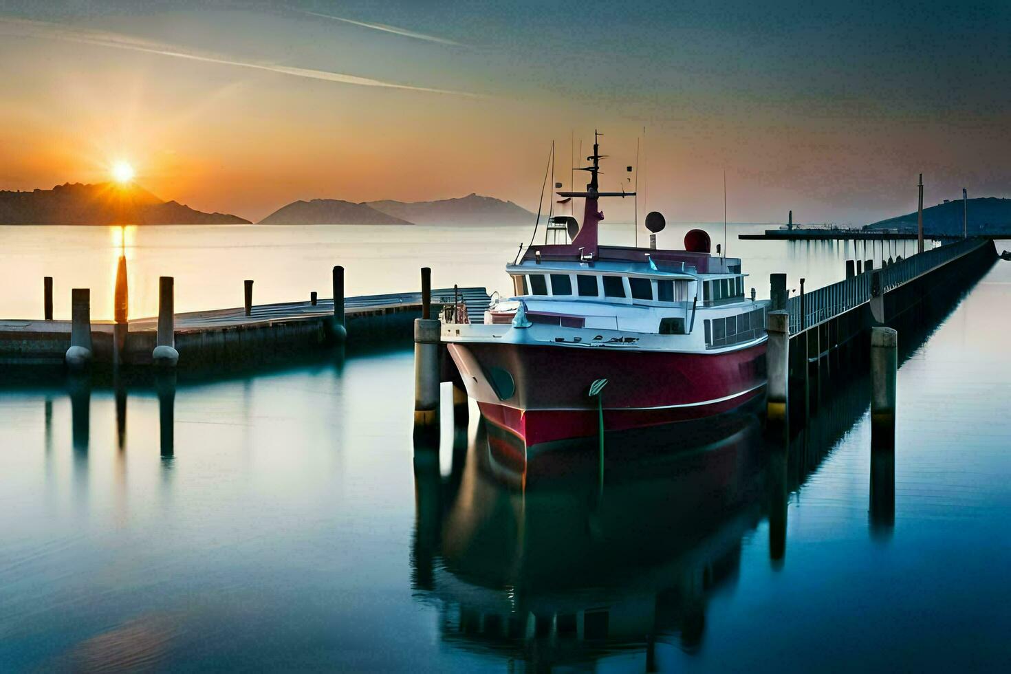 une bateau amarré à le jetée à le coucher du soleil. généré par ai photo