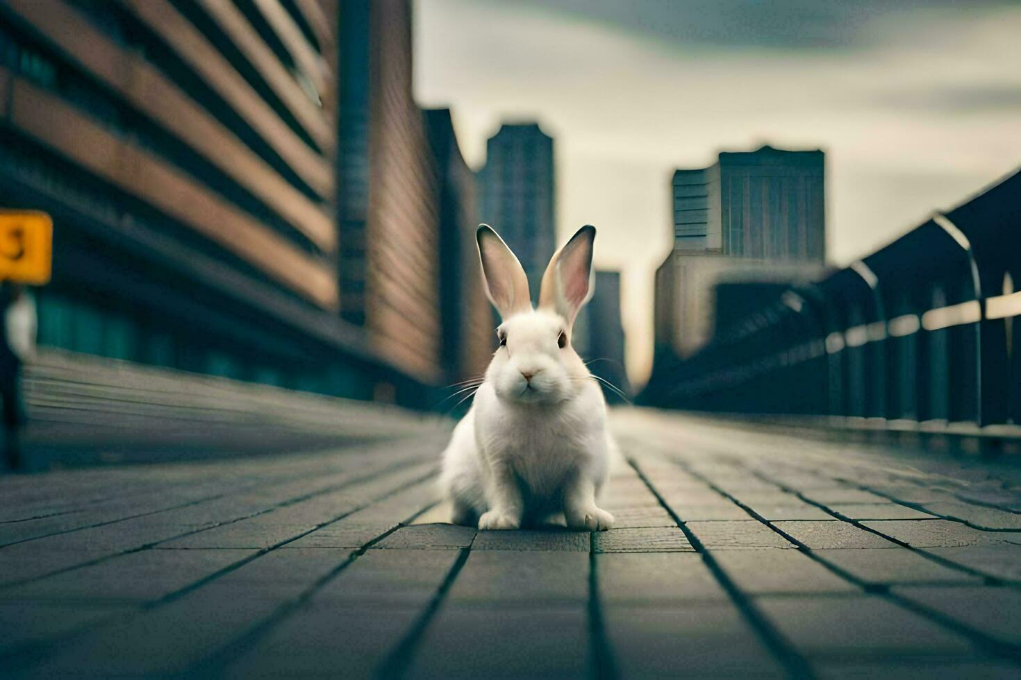 une blanc lapin séance sur une brique passerelle. généré par ai photo