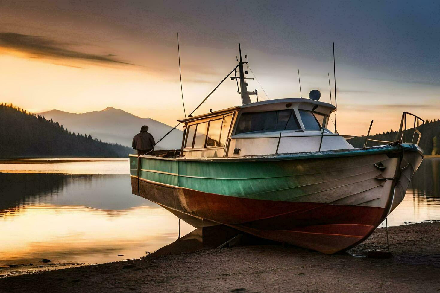 une bateau est assis sur le rive de une Lac à le coucher du soleil. généré par ai photo