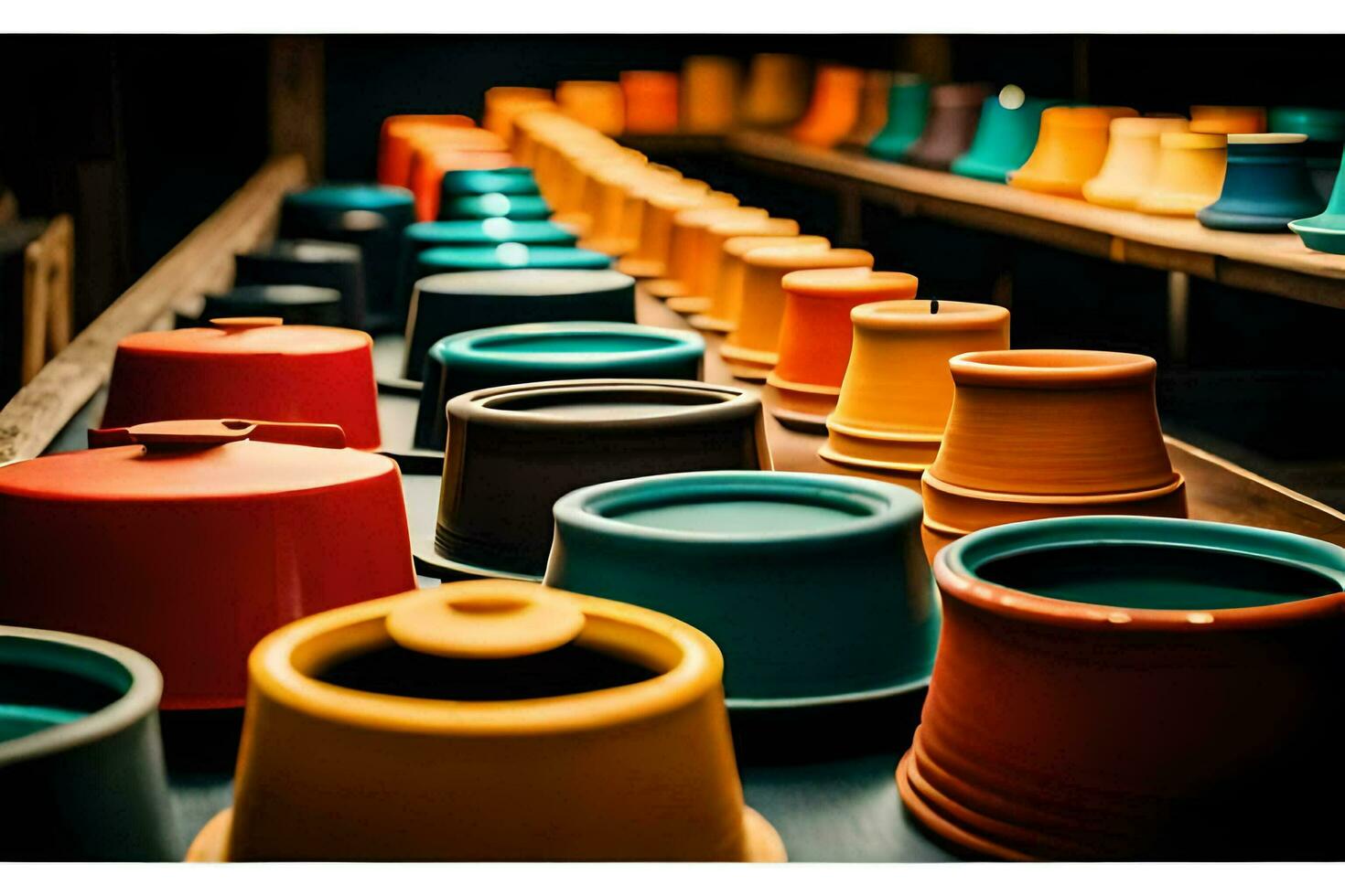 coloré des pots et boules doublé en haut sur une étagère. généré par ai photo