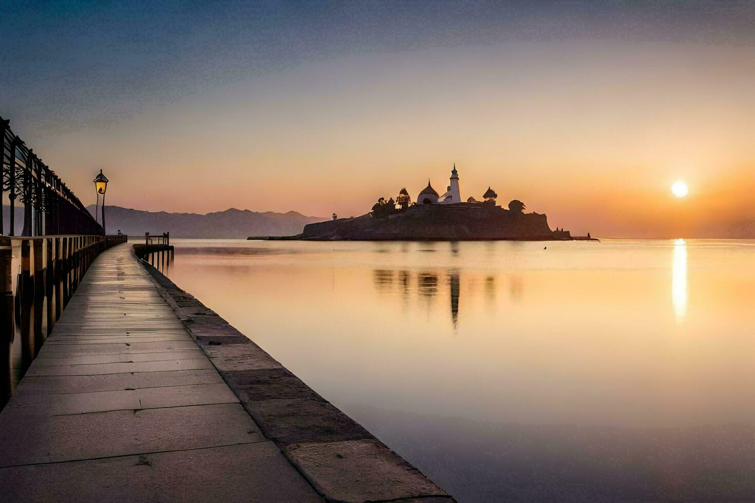 une longue jetée avec une phare à le coucher du soleil. généré par ai photo