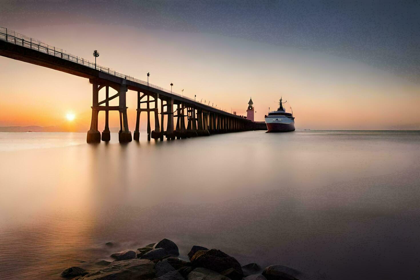 une longue exposition photographier de une jetée à le coucher du soleil. généré par ai photo