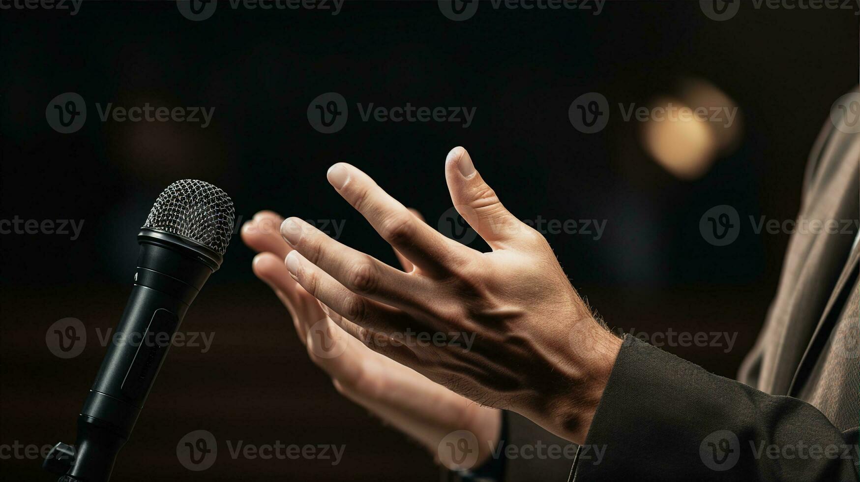 microphone et mains fermer, orateur Parlant à une affaires conférence. génératif ai photo