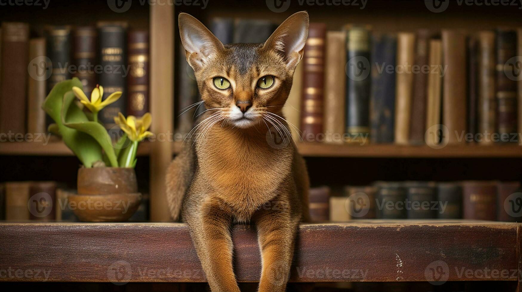 un abyssinien chat perché sur une étagère à livres parmi vieux livres, à la recherche comme une sage Gardien de littérature. génératif ai photo